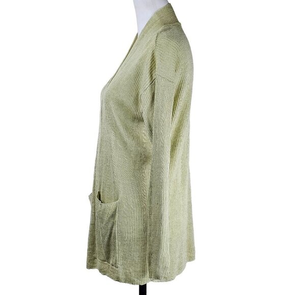 Eileen Fisher Womens Green Organic Linen Cardigan Sz M Open Front Ribbed Beachy - Picture 3 of 7